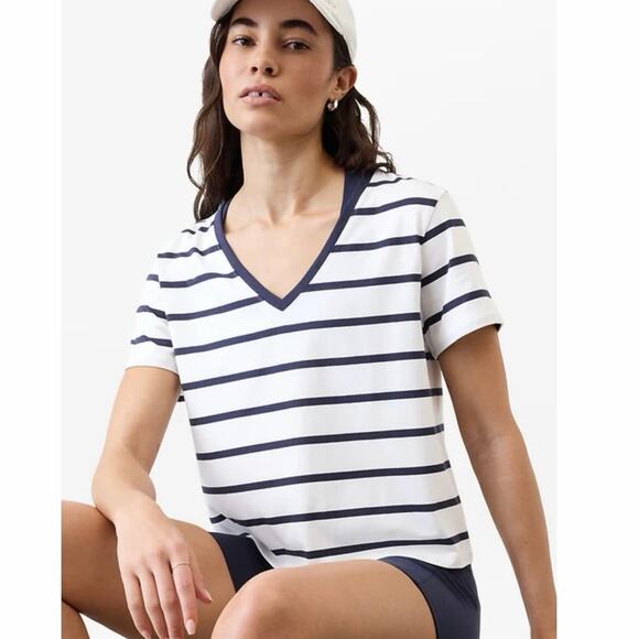 Athleta Tops - Athleta Essential V-Neck Tee - White & Blue Stripe - XL